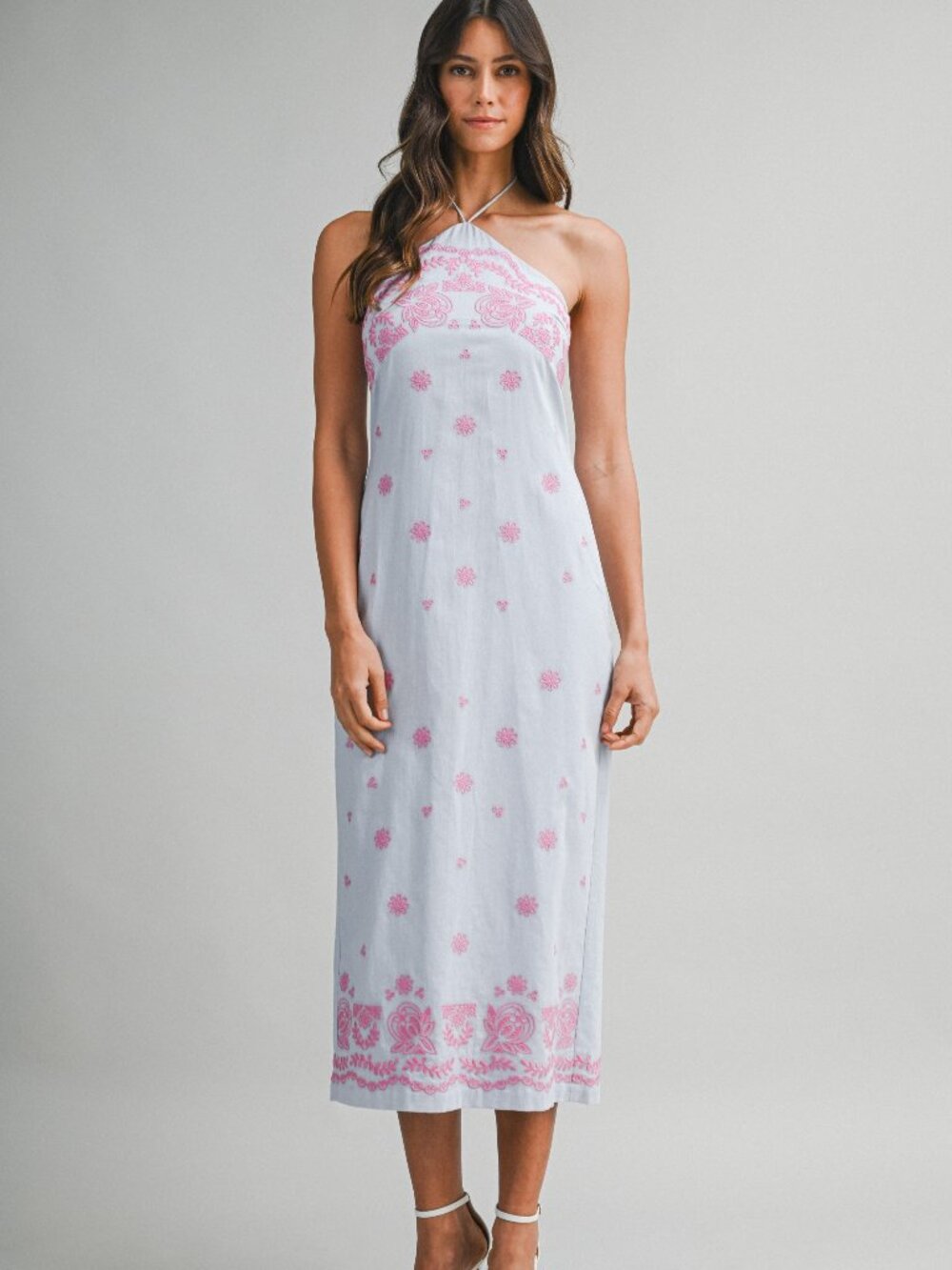 NWT Blue Halter Midi Dress Pink Embroidered Detail Summer Vacation Boho Style